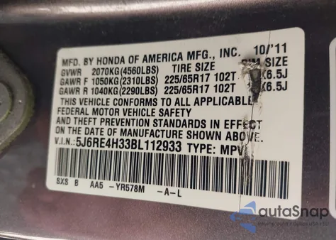 2011 Honda Cr-V Lx из США, поврежденный, VIN 5J6RE4H33BL112933